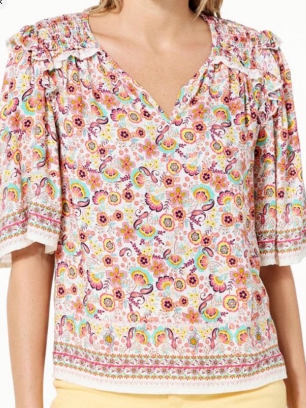 **Democracy * Pink Multi Floral Smocked Shoulder V-Neck Blouse